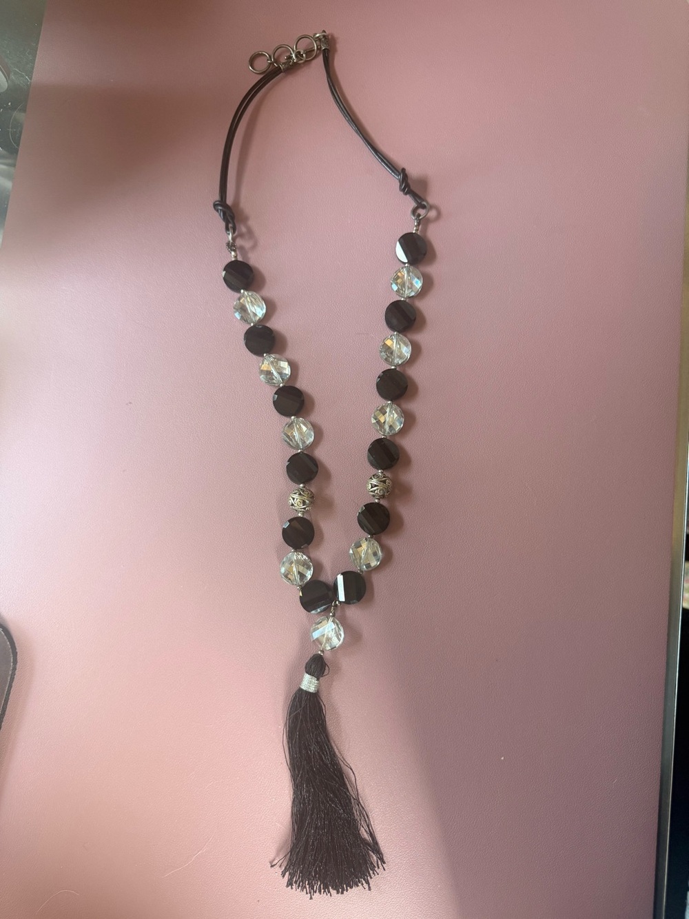 Tassel Beaded Necklace with Clear & Black faceted crystal Beads